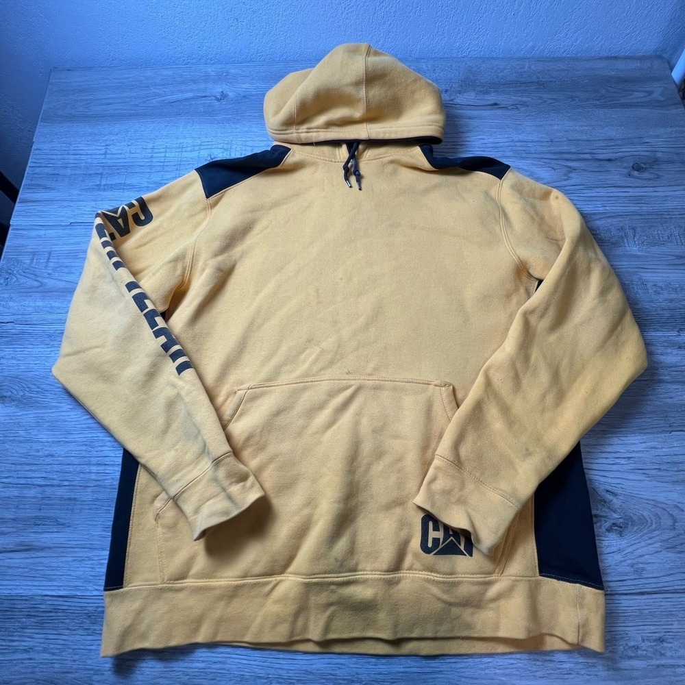 Caterpillar Hoodie Mens XL Yellow Black Colorblock Graphic Workwear Sweatshirt